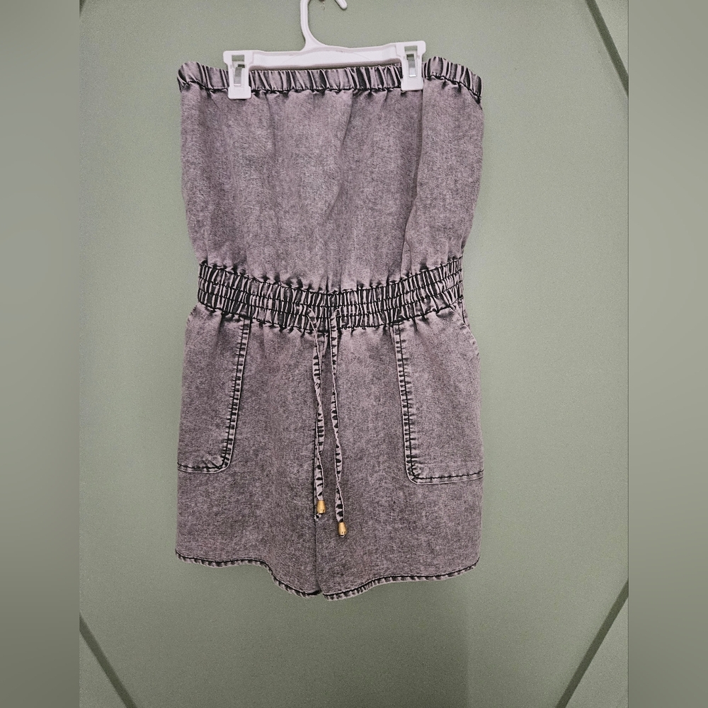 Blush Gray Strapless Dress with Sparkling Embellishments